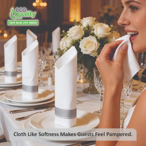 Miniatura 7 de Servilletas de cena desechables como tela con diseño de borde plateado, toallas de un solo uso con tacto de lino, absorbentes, suaves, elegantes
