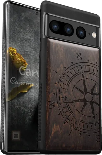 Carveit Funda de madera para Google Pixel 7 Pro [madera natural y TPU negro] a prueba de golpes (negro madera, brújula vintage)