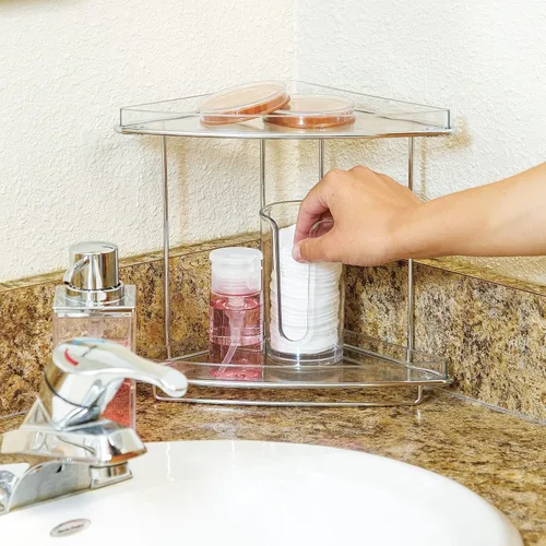 Miniatura 2 de mDesign Organizador de estante de esquina independiente de acero y plástico con almacenamiento de 2 niveles para baño, tocador, gabinete, mostrador