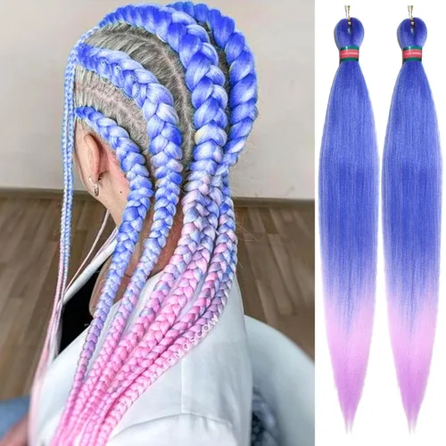 Miniatura 43 de Extensiones de cabello para trenzar verde+verde claro, preestiradas, 2 paquetes, con cabello plumoso pre-trenzado, extensiones de cabello