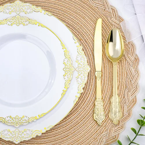 Miniatura 3 de Realluck 350 piezas platos de plástico blanco y dorado, juego de vajilla de plástico para 50 invitados, 100 platos desechables, 150 cubiertos, 50