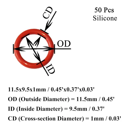 Miniatura 2 de [50 piezas] Juntas tóricas de silicona rojas de 0.453 in de diámetro exterior 0.374 in de diámetro interior, 0.039 in de ancho, junta métrica