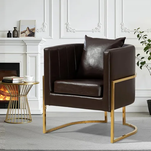 Miniatura 13 de Silla moderna de cuero, sillón tapizado de mediados de siglo con almohada para sala de estar, cómoda silla de tocador individual con patas doradas