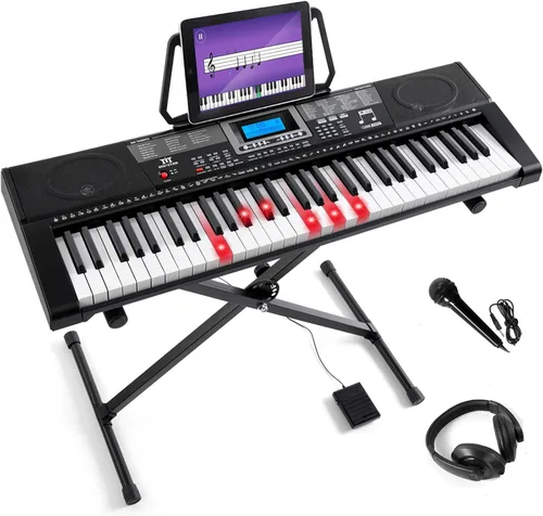 Teclado de piano MUSTAR, MEKS-500 Teclado de aprendizaje de 61 teclas con teclas iluminadas, teclado de piano eléctrico para principiantes, soporte,