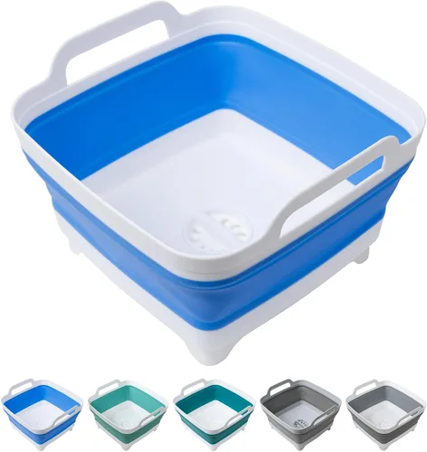 Miniatura 13 de Tiawudi Barreño para lavar platos, lavabo de 2.4 galones/9L con asas de transporte de tapón de drenaje, cubo plegable para limpieza, fregadero