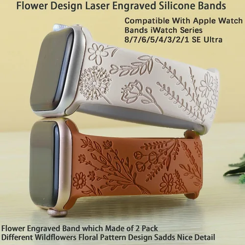 Miniatura 2 de Correa de silicona grabada con flores compatible con correas de Apple Watch de 1.496 pulgadas, 1.575 pulgadas, 1.614 pulgadas, bonita correa Marrón