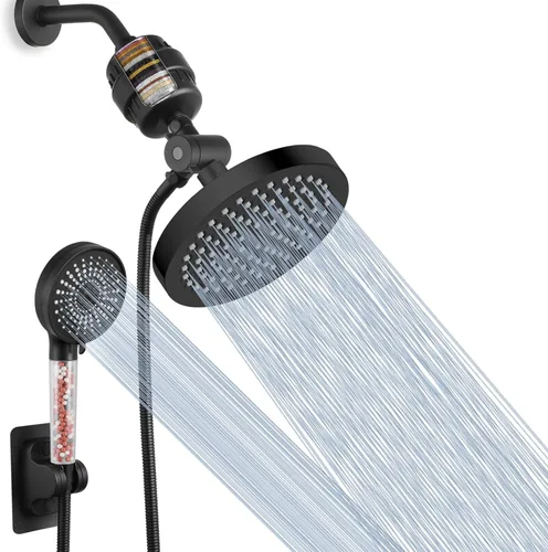 Voolan Juego de cabezal de ducha filtrado, ducha de lluvia de alta presión con cabezal de ducha de mano, soporte autoadhesivo/manguera de 59