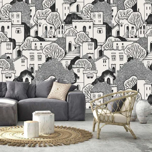 Miniatura 32 de Papel pintado de casa de acuarela de dibujos animados para guardería, murales de pared para habitación de niños 114" x 74" (no despegar y pegar)