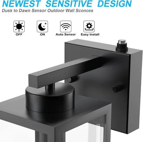 Miniatura 2 de Tipace Paquete de 2 faroles de pared para exteriores con sensor de atardecer a amanecer, accesorios de luz exterior con sensor negro mate, aplique