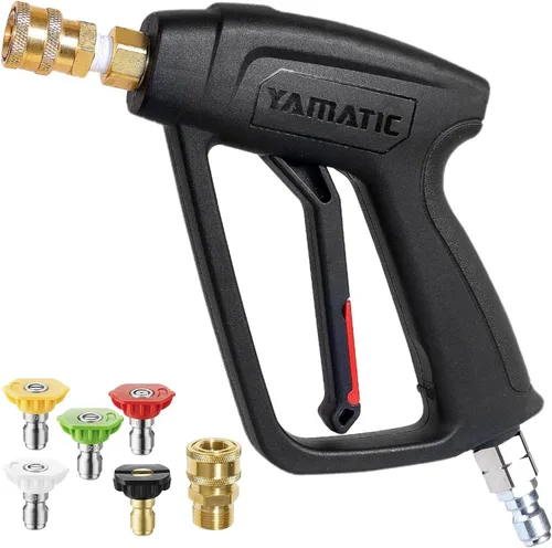 YAMATIC Pistola corta para lavadora de alta presión con conector rápido giratorio de acero inoxidable de 3/8", mango para lavadora eléctrica con