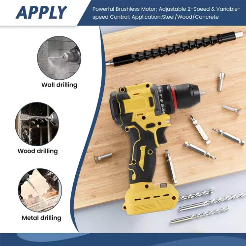 Miniatura 4 de Taladro sin escobillas compatible con batería Dewalt de 20 V (sin batería), inalámbrico de 2 velocidades (0-450/1800 RPM), par de torsión 25+1