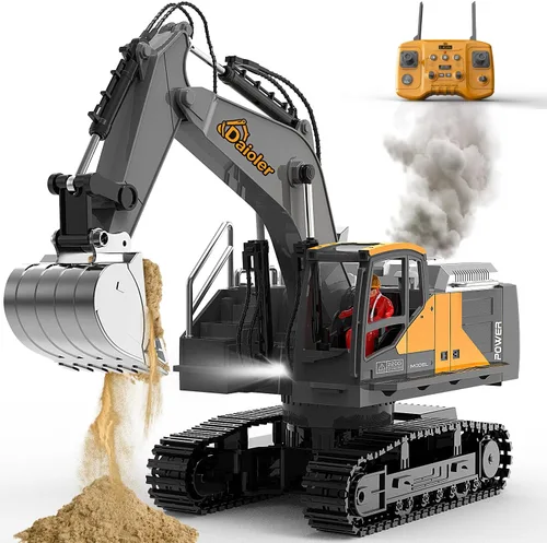 Excavadora de juguete a control remoto para niños de 3 años, vehículo de construcción RC con aerosol, batería recargable/rotación de 680°, pala de