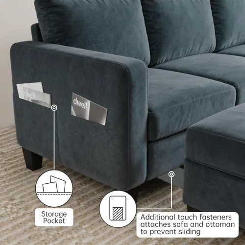 Miniatura 6 de Sofá modular de 78 pulgadas para sala de estar, sofá azul en forma de L con otomana de almacenamiento, asiento profundo, juego de sofá de tela