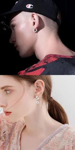 Miniatura 4 de Juego de 5 pares de aretes de aro de acero inoxidable negro sin perforación, remaches cruzados y borla para mujeres, hombres, niños y niñas, aretes