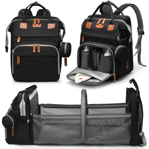 Mochila para pañales con cambiador, bolsa de pañales grande para niños y niñas, mochila multifuncional para pañales de viaje, bolsa de bebé con Negro