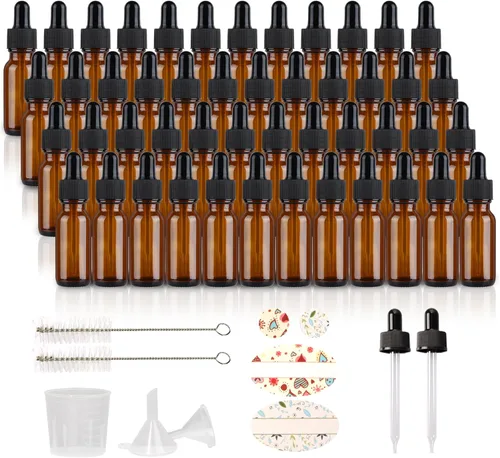 Paquete de 48 botellas de vidrio ámbar de 1/2 oz (0.5 fl oz) con cuentagotas de vidrio para aceites esenciales, perfumes y productos químicos de
