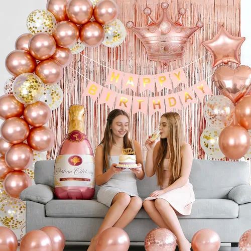 Miniatura 5 de Decoraciones de cumpleaños para mujeres con pancarta de feliz cumpleaños, cortinas, botella, corona, globos de estrella de corazón, globos de oro