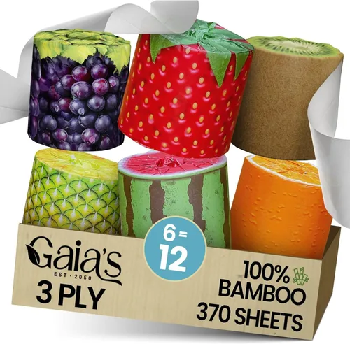 Miniatura 12 de Gaia's Premium y suave papel higiénico de bambú orgánico con aroma a fruta 12 mega rollos, 3 capas, 370 hojas Certificado FSC, libre de PFAS