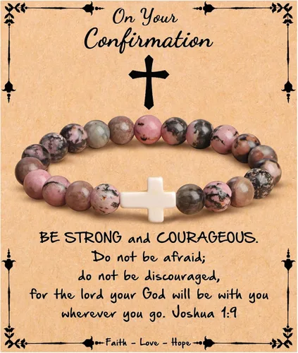 Miniatura 12 de JoycuFF Regalos Cristianos, Pulseras de Cruz para Mujeres, Joyería Cristiana Católica Religiosa de Fe de Pascua, Pulseras de Piedra Natural
