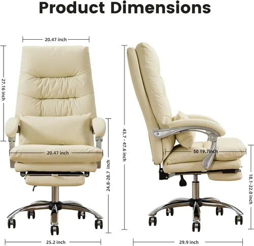 Miniatura 2 de Silla de oficina con reposapiés, respaldo alto 155° reclinable, silla de computadora de escritorio de oficina de cuero, silla giratoria de Beige