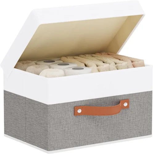 Contenedor de almacenamiento de tela, cesta de almacenamiento con tapas, caja organizadora de armario con asas para zapatos, libros, toallas, blanco