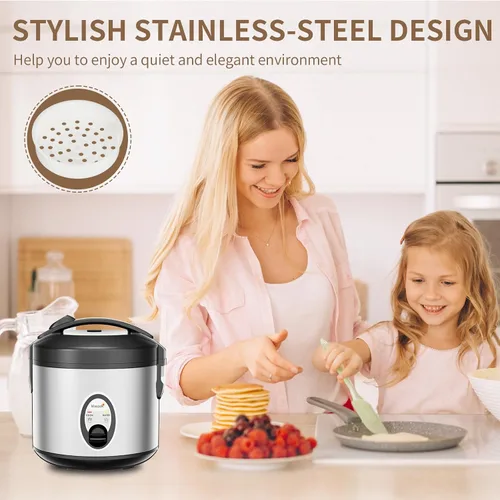 Miniatura 6 de Macook Arrocera de acero inoxidable con vaporizador, 4 tazas sin cocer (1.0L)/8 tazas cocidas, cocina eléctrica para granos y verduras, mantiene