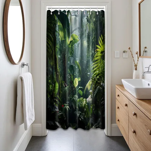Cortina de ducha verde de selva naturaleza bosque selva tropical paisaje planta tropical decoración de baño, tela impermeable con ganchos, 36x72