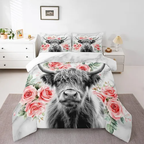 Miniatura 2 de Erosebridal - Juego de funda de edredón con flores de vaca de las Highlands, tamaño Queen, diseño de toro, juego de ropa de cama de ganado vacuno