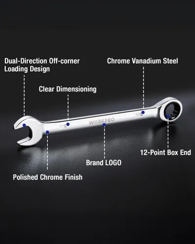 Miniatura 2 de WORKPRO Llave combinada de trinquete de 1/2 pulgada SAE, CR-V construida con cromado pulido espejo, diseño de 12 puntos, desplazamiento de 15 grados