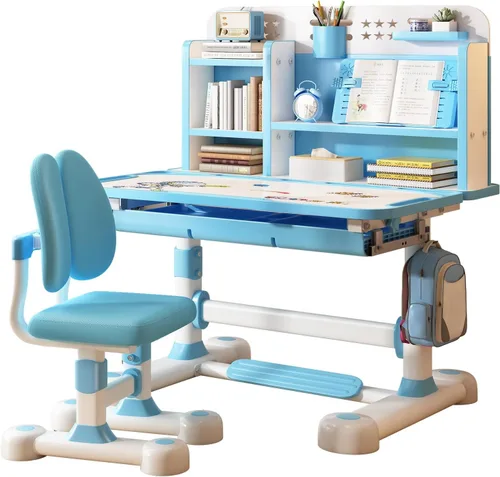 Miniatura 2 de Juego de silla de escritorio funcional para niños, juego de sillas de mesa escolar para niños con diseño de partición, altura ajustable, soporte Azul