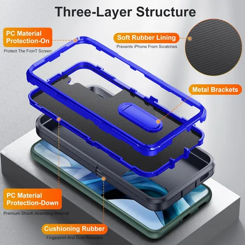 Miniatura 6 de Funda para Samsung Galaxy S22 Plus con función atril, 3 capas de grado militar, funda protectora de silicona resistente a prueba de golpes para azul