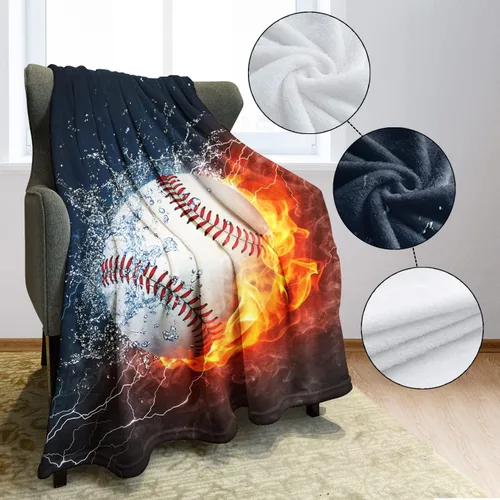 Miniatura 5 de YISUMEI Manta de béisbol impresa en 3D, 60 x 80 pulgadas, bola blanca chocar en agua y fuego, ideal para decoración del hogar con temática deportiva