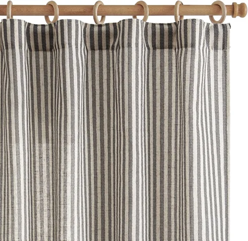 Miniatura 35 de JINCHAN Cortinas de lino para sala de estar o dormitorio, con estampado a rayas verde salvia sobre beige, rayas delgadas que filtran la luz