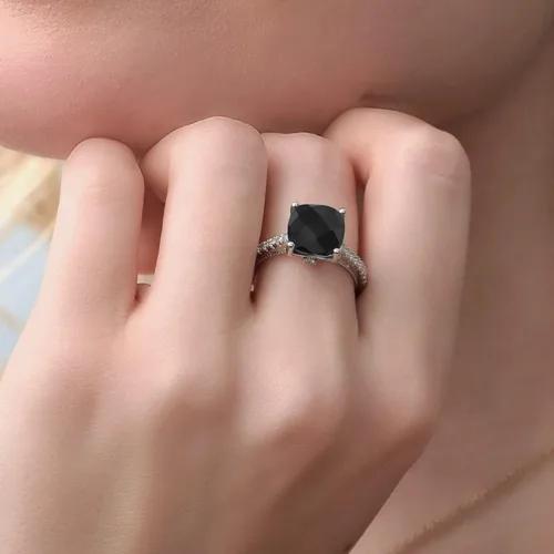 Miniatura 7 de Gem Stone King Anillo de compromiso de plata de ley 925 con ónix negro y zafiro blanco creado para mujer