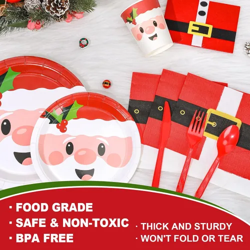 Miniatura 3 de Whaline Juego de vajilla de fiesta de Navidad de 125 piezas, platos de papel de Papá Noel de 7 y 9 pulgadas, 6.5 pulgadas, cinturones de Papá Noel