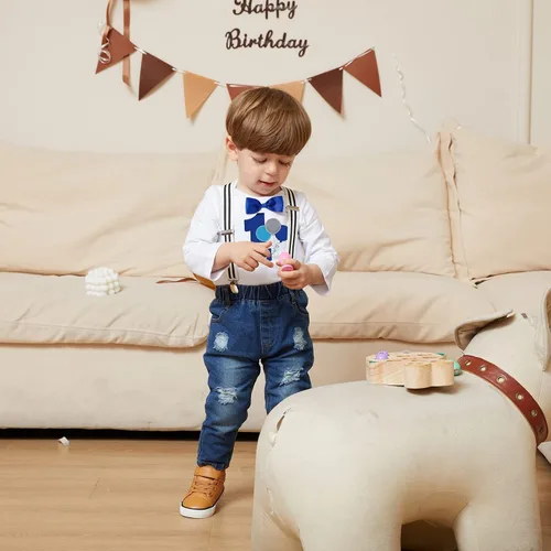 Miniatura 76 de Conjunto de ropa de cumpleaños para bebé niño pequeño, con tirantes, pantalones de mezclilla rasgados