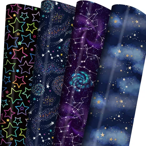 GIOLNIAY Papel de regalo de galaxia para niños y niñas, cumpleaños, baby shower, estrellas de neón, cielo nocturno, galaxia con nebulosa, 8 hojas,