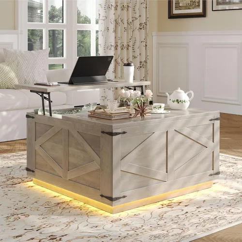 Miniatura 9 de Jocoevol Mesa auxiliar con tapa elevable, mesa central cuadrada de madera con iluminación LED, estación de carga USB-C y compartimento