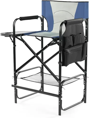 31'' Tall Directors Chair,Portable Seat Folding Camping Chair,High Bar Stool with Built-in Cup Holder, Side Table, Storage Pocket for Makeup Gray &