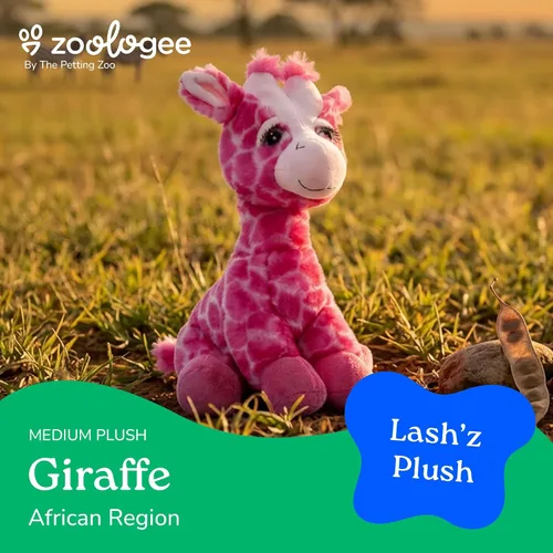 Miniatura 5 de The Petting Zoo Peluche de jirafa rosa, animales del zoológico de Lash'z, juguete de peluche de jirafa de 12 pulgadas