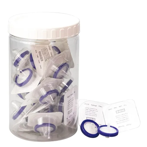 Miniatura 8 de Filtro de jeringa estéril PVDF Filtración hidrofílica de 0,22 um Tamaño de poro, 0.984 in de diámetro de membrana, paquete de 20, envasado estéril