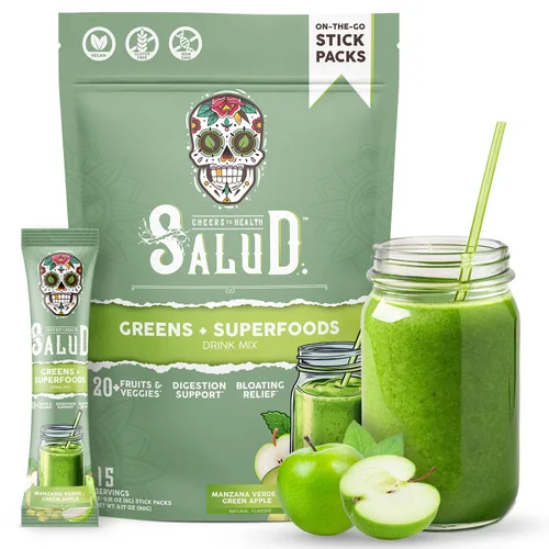 Polvo de verduras Salud 2-en-1 + sobres de mezcla de bebida de superalimentos, más de 20 frutas y verduras, probióticos, prebióticos, apoya la salud