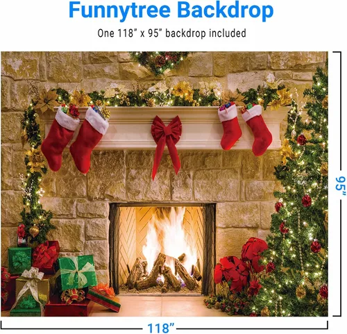 Miniatura 3 de Funnytree Telón de fondo de chimenea de Navidad de 10 x 8 pies, estilo vintage, medias de árbol de Navidad, fondo de fotografía, retrato de cabina