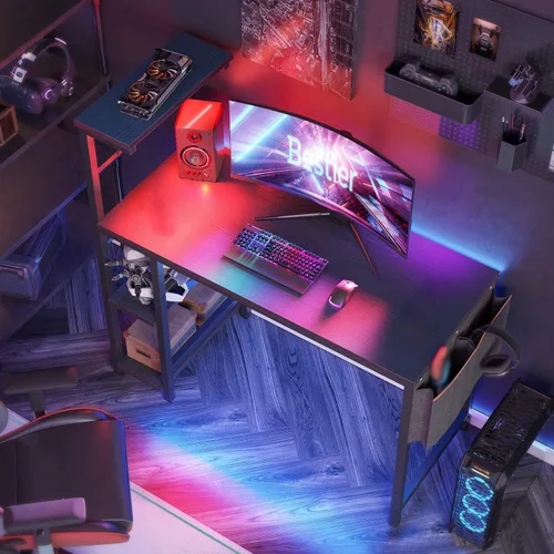 Miniatura 5 de Bestier - Escritorio de juegos con luces LED, escritorio para PC de 44 pulgadas para espacios pequeños, escritorio de computadora con estantes