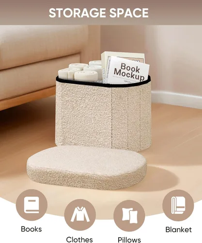 Miniatura 4 de B FSOBEIIALEO Otomana de Almacenamiento para Dormitorio, Reposapiés Otomano Plegable de Almacenamiento Boucle, Cubo Otomano Plegable Pequeño de Beige