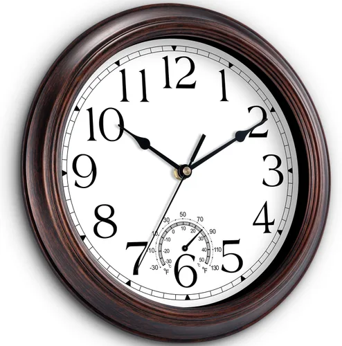 Miniatura 2 de KECYET Reloj de pared para exteriores de 12 pulgadas con termómetros, reloj de pared silencioso vintage que funciona con pilas, reloj retro sin
