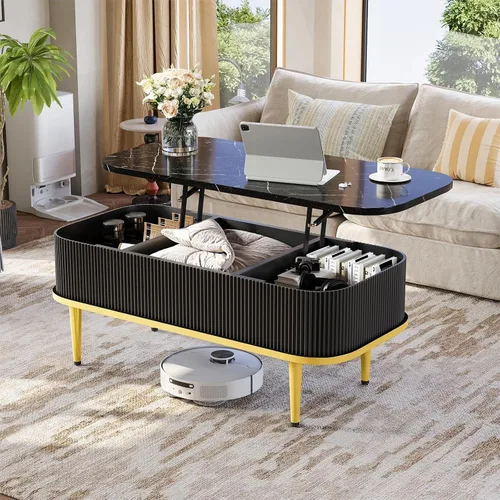 Miniatura 4 de Mesas de centro rectangulares para sala de estar, moderna mesa de centro acanalada con almacenamiento, mesa de centro pequeña, mesa central ovalada