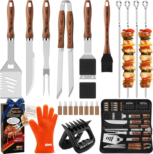 ROMANTICIST Juego de 27 piezas de utensilios de parrilla resistentes para hombres, papá, Navidad, accesorios de barbacoa extragruesos, kit de