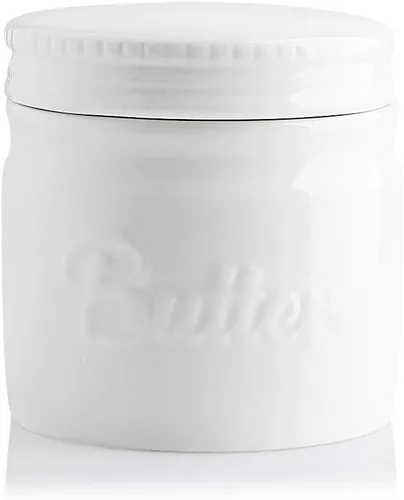 Miniatura 8 de Sweejar Recipiente para mantequilla de porcelana, plato francés con línea de agua, recipiente cerámico para mantequilla suave (Negro)