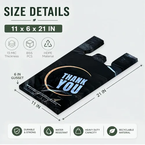 Miniatura 4 de YoYoRain Paquete de 855 bolsas negras para camisetas con asas, 11.5 x 6.25 x 21 pulgadas, bolsas de plástico HDPE duraderas para compras y llevar